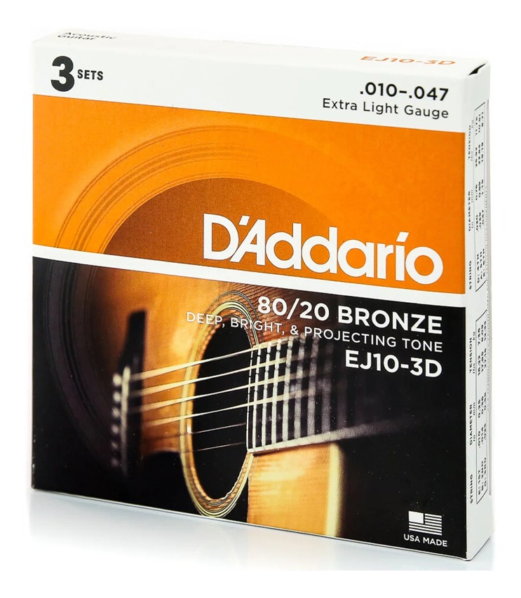 Encordoamento Violão Daddario 010 EJ10-3D Aço 3 unidades