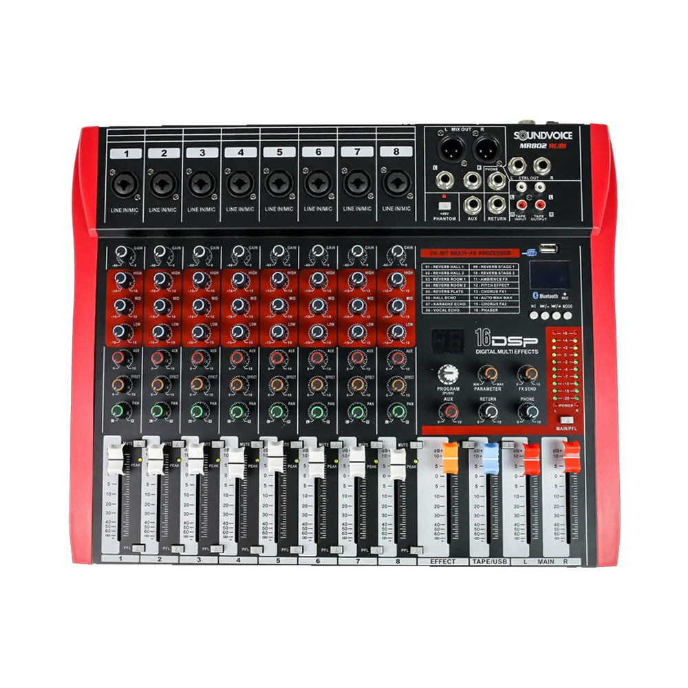 [26716] Mesa de Som SoundVoice MR-802 Rubi 8 Canais USB Bluetooth Phantom Power Efeitos