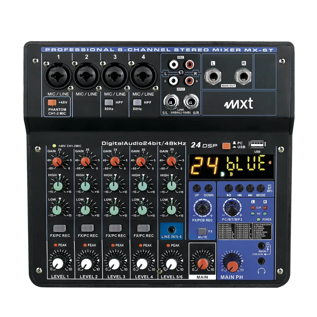 [26834] Mesa de Som MXT MX-6T 6 Canais USB Bluetooth Phantom Power Efeitos