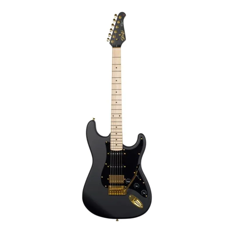 [26922] Guitarra Seizi Vintage Budokan Reinaldo Meirelles HSS Superstrato Satin Black Gold Mat Headstock Com Bag  DeLuxe Vinil