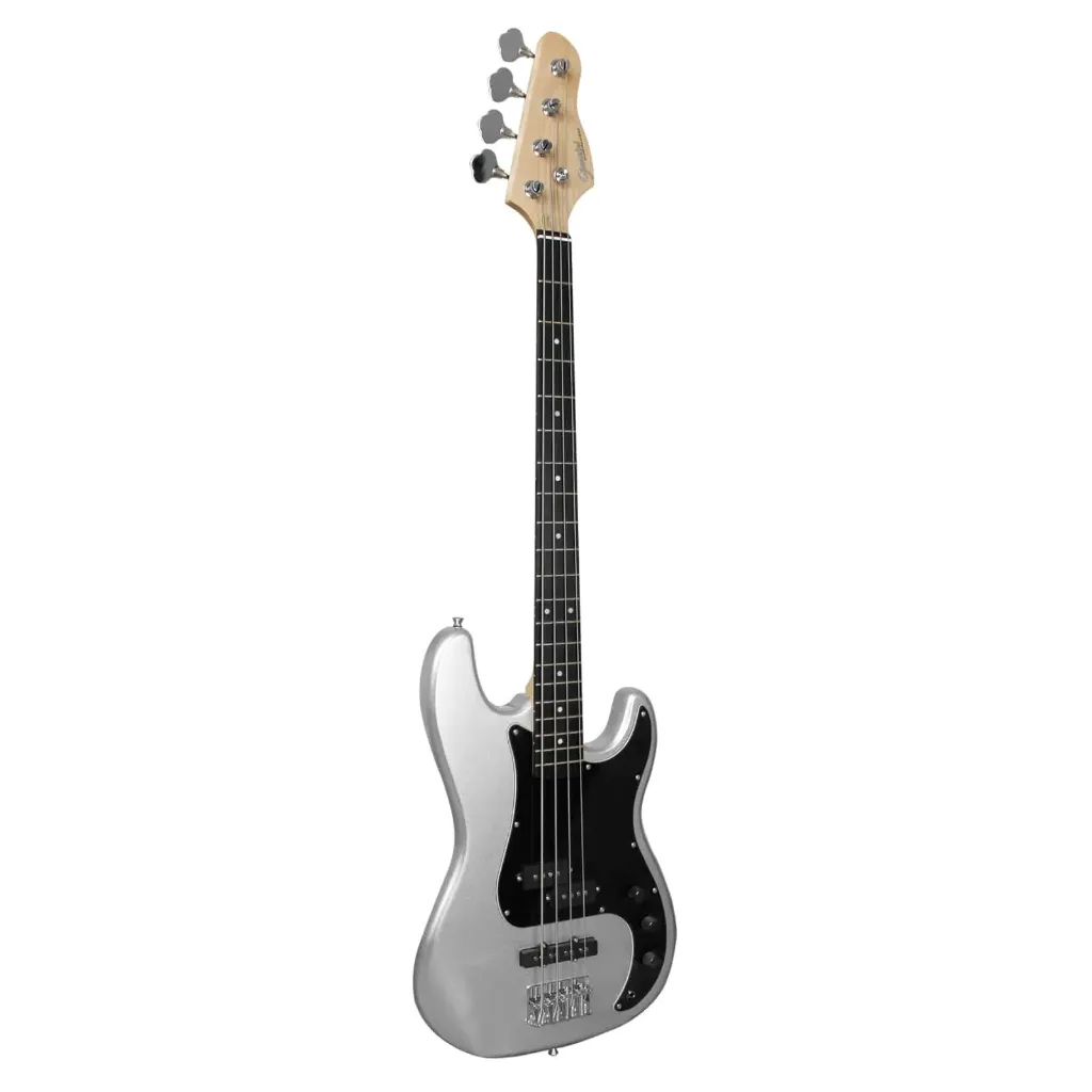 [26963] Contrabaixo Giannini GP-100 SV/BK 4 Cordas Passivo Jazz Bass Prata Com Escudo Preto