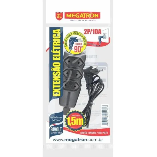 [26972] Extensao Eletrica Megatron 1,5m 2x0,75mm 2P 10 A 90º Tripolar