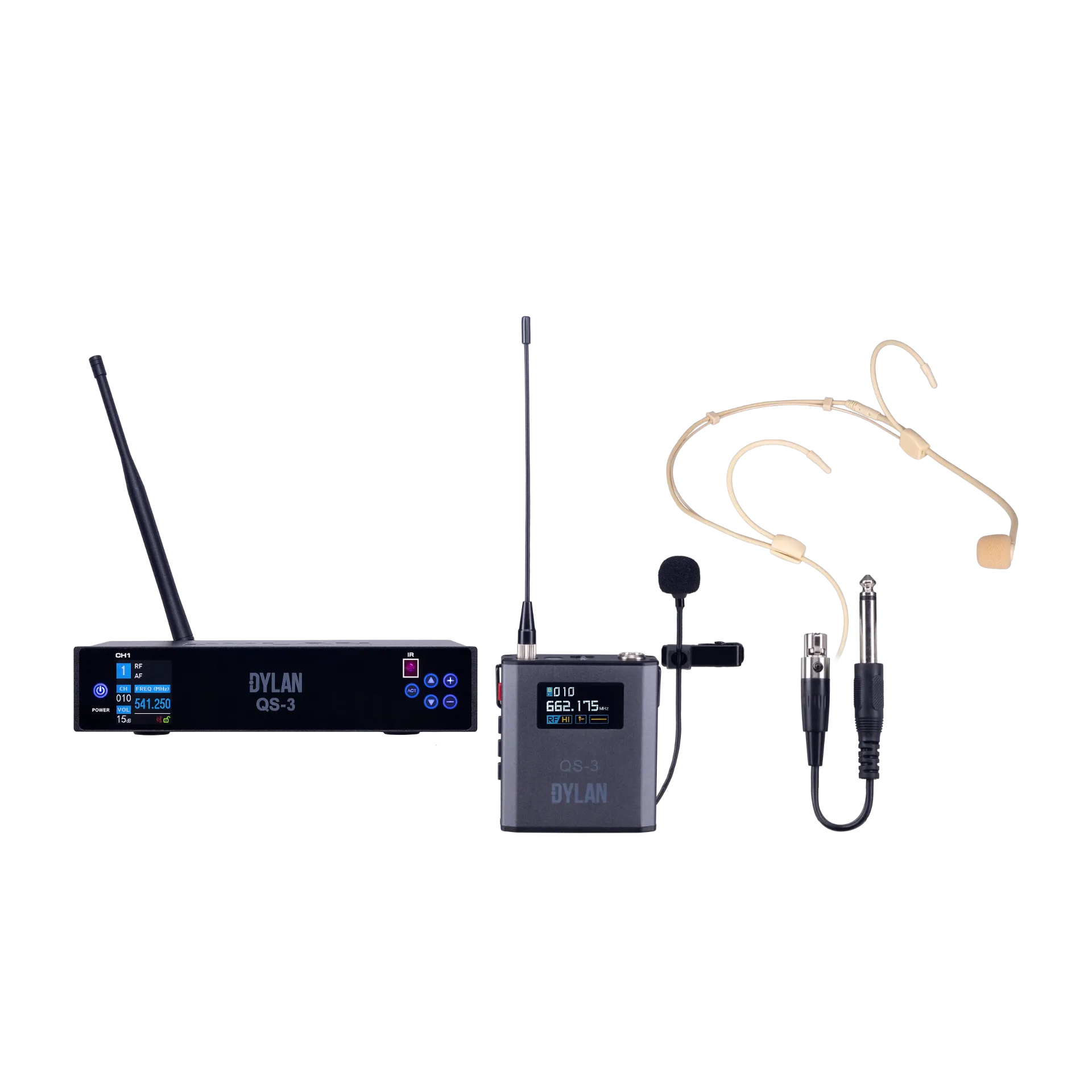 Receptor e Transmissor Sem Fio Dylan QS-3 De Instrumentos Recarregavel Com Headset e Lapela