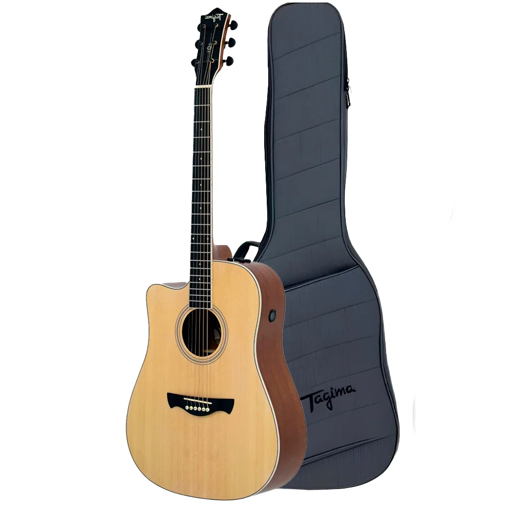 Violao Tagima Sunset NTOP LH Folk Cutway Eletroacustico Aço Canhoto Natural Tampo Maciço Afinador Com Bag