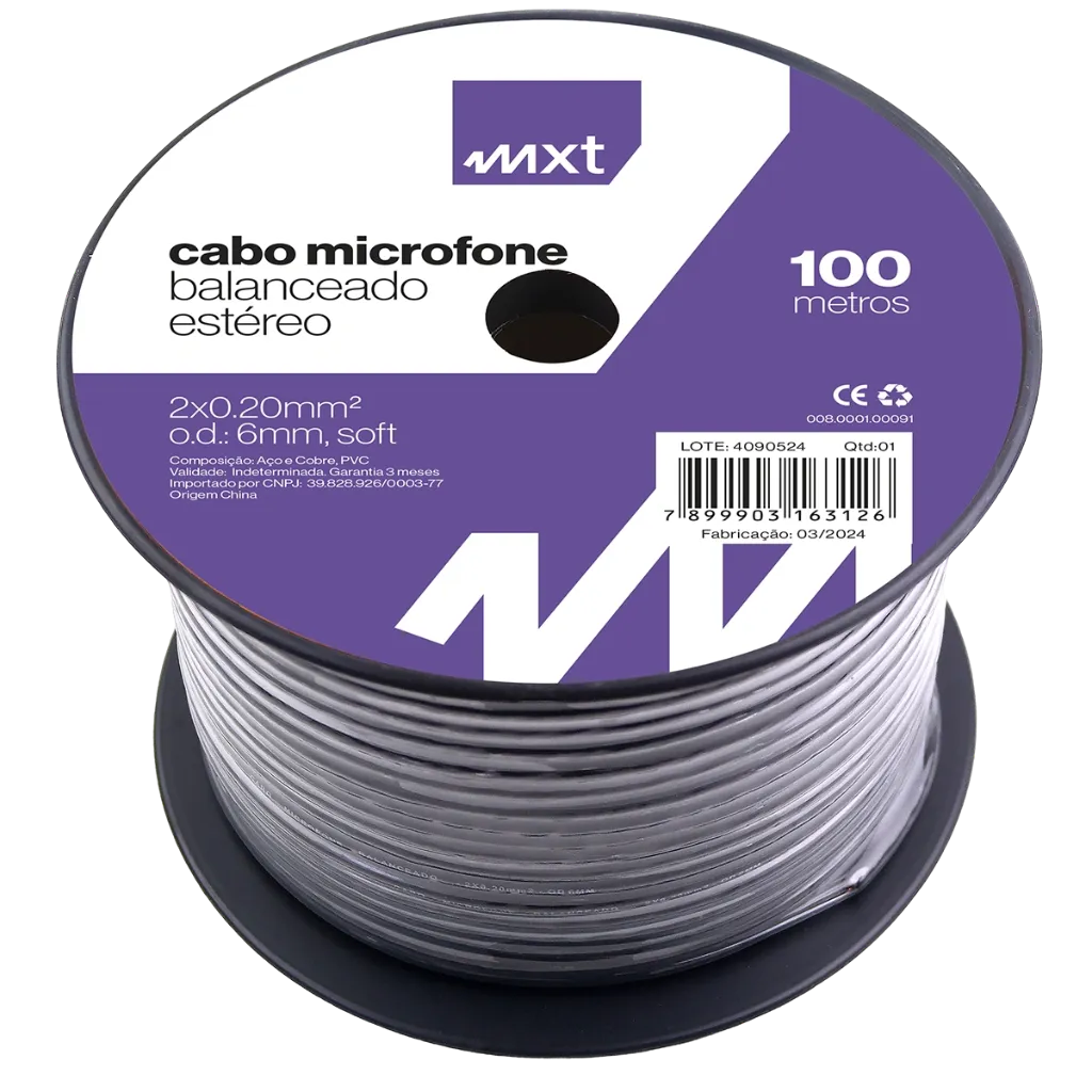 [25550] Cabo MXT 2x0,20 Microfone Stereo Balanceado Preto 6mm 8.1.90