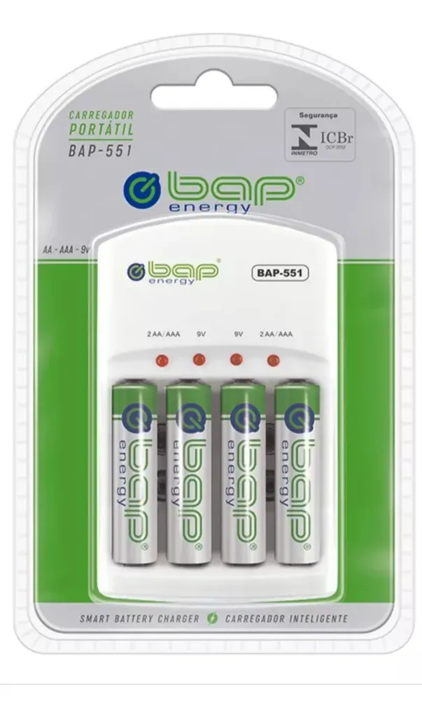 Carregador Bateria BAP-551 Com 4 Pilhas AA