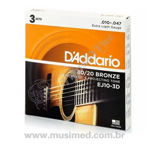 Encordoamento Violao Aço Daddario EJ10-3D 010 Com Corda Extra PL010 Kit Com 3 Unidades