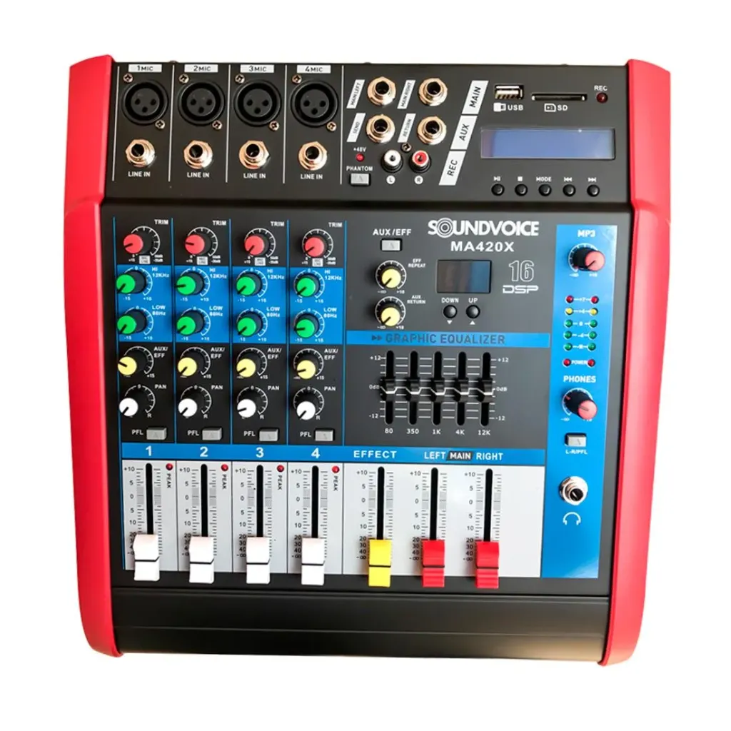 [26344] Mesa de Som Amplificada SoundVoice MA-420X 4 Canais USB Bluetooth Phantom Power Efeitos 