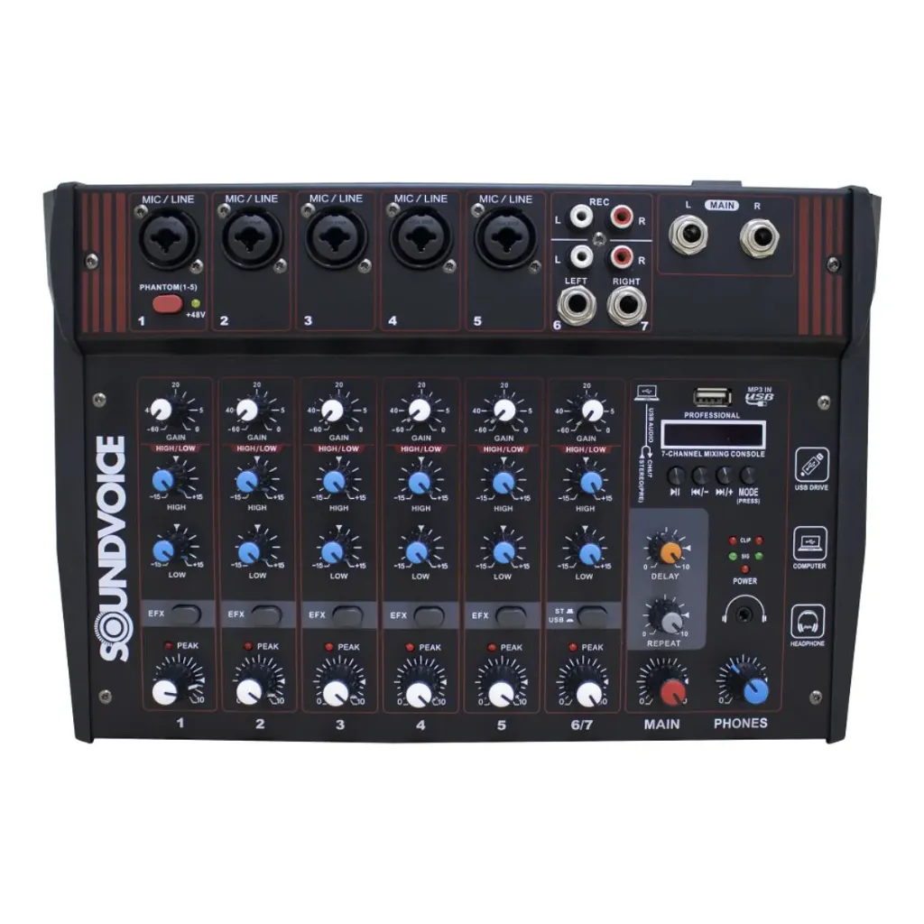 [26006] Mesa de Som Amplificada SoundVoice MA-700 7 Canais USB Bluetooth Phantom Power Efeitos 