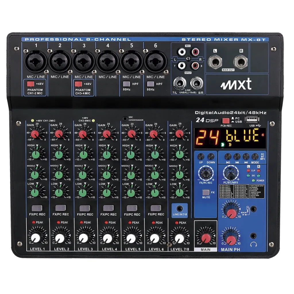 Mesa de Som MXT MX-8T 8 Canais USB Bluetooth Phantom Power Efeitos