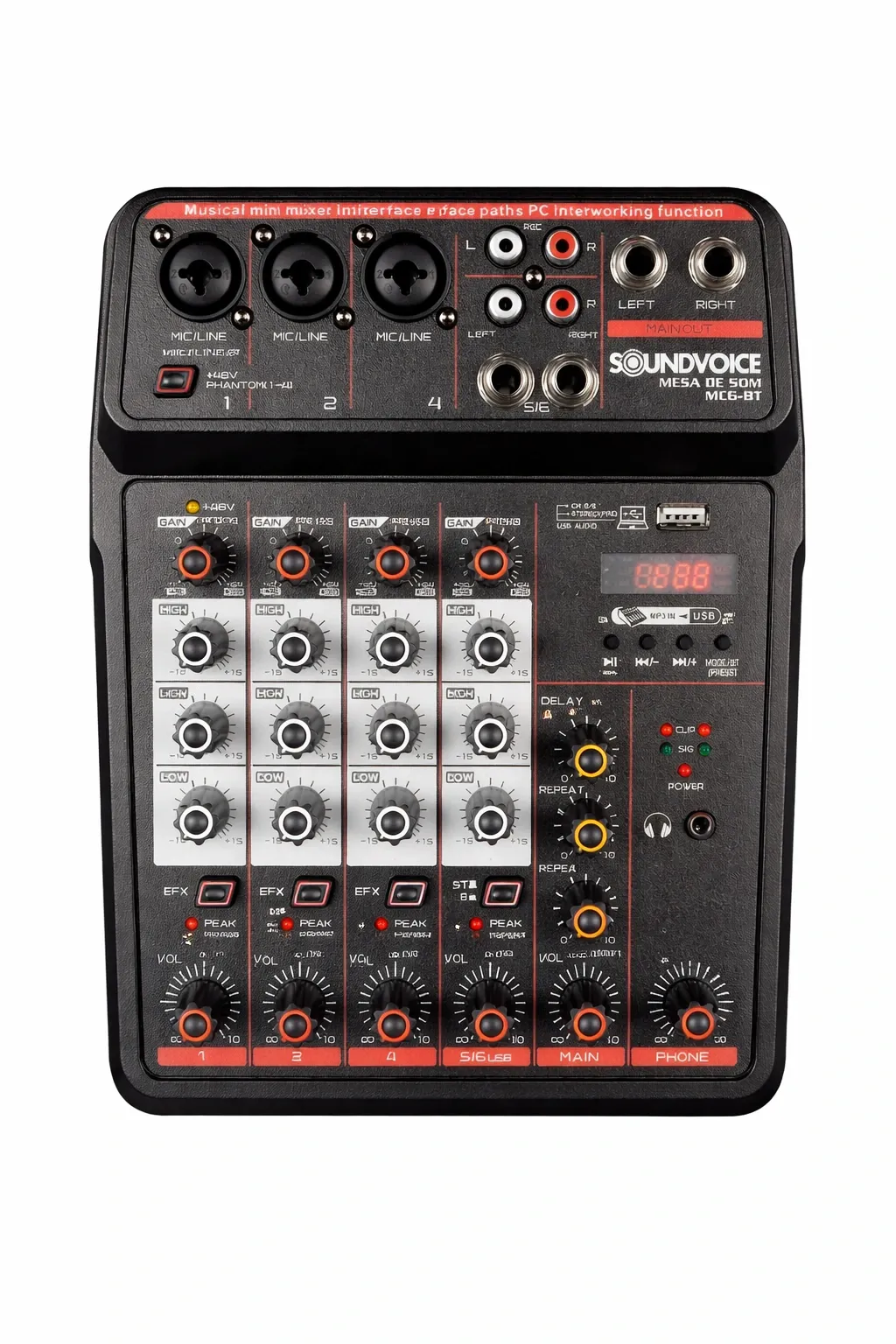 Mesa de Som SoundVoice MC6BT 6 Canais Interface de Audio USB Bluetooth Phantom Power Efeitos