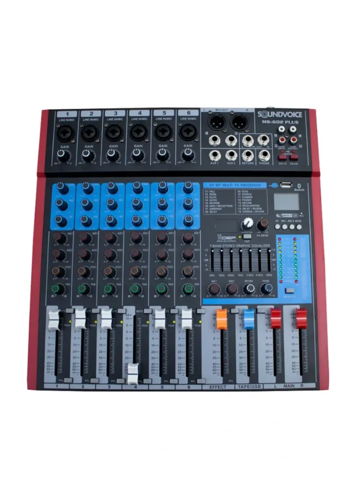 Mesa de Som SoundVoice MS602 Plus 6 Canais USB Bluetooth Phantom Power Efeitos