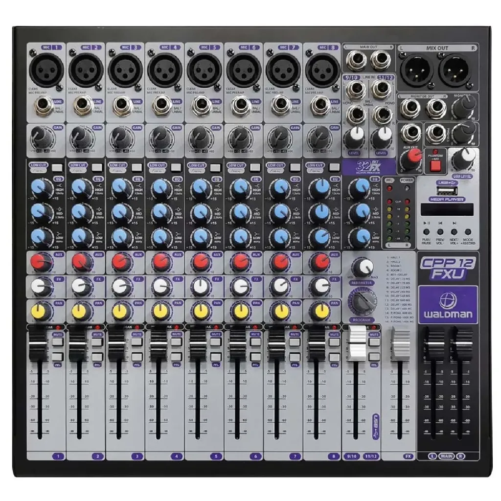 [25316] Mesa de Som Waldman CPP12FXU 12 Canais USB Bluetooth Phantom Power Efeitos