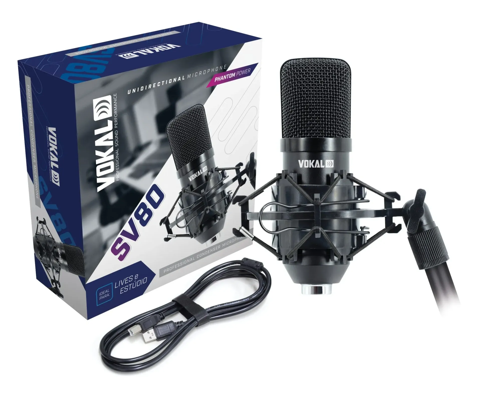 Microfone Com Fio Vokal SV80U USB Condensador
