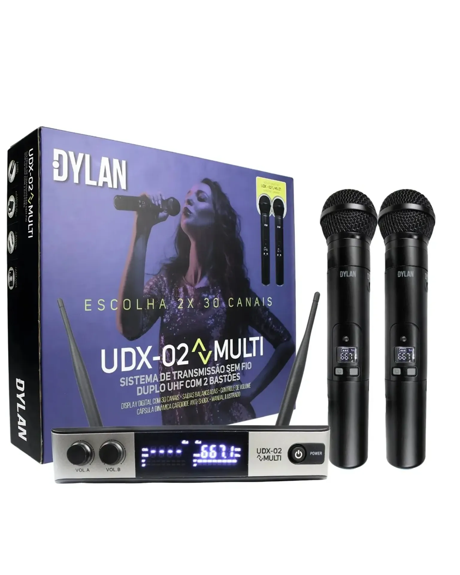 Microfone Sem Fio Dylan UDX-02 Duplo Mao UHF 