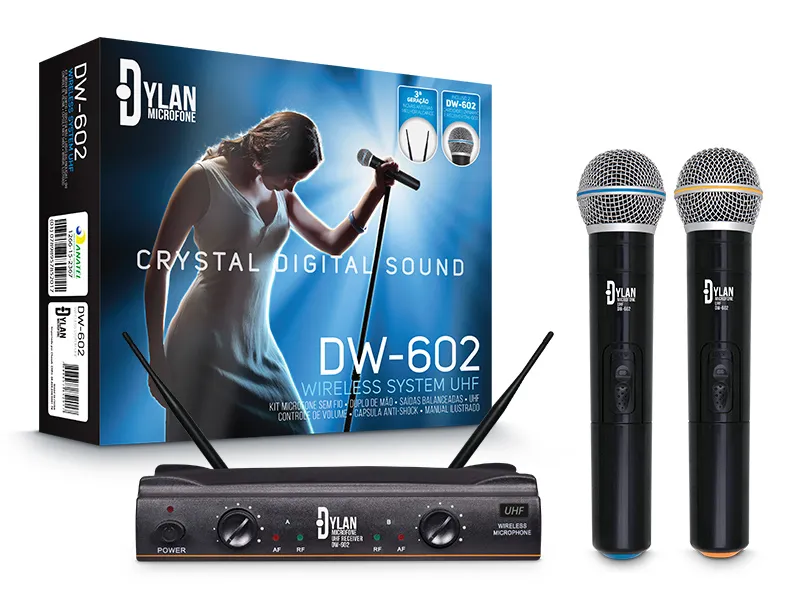 Microfone Sem Fio Dylan DW-602 Duplo Mao Uhf 