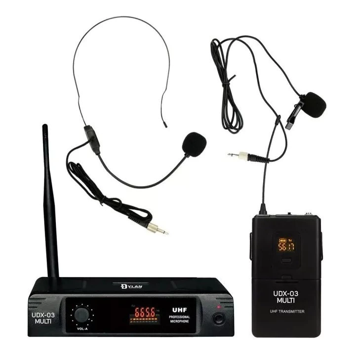 [26301] Microfone Sem Fio Dylan UDX-03 MULTI Duplo Auricular Lapela UHF 