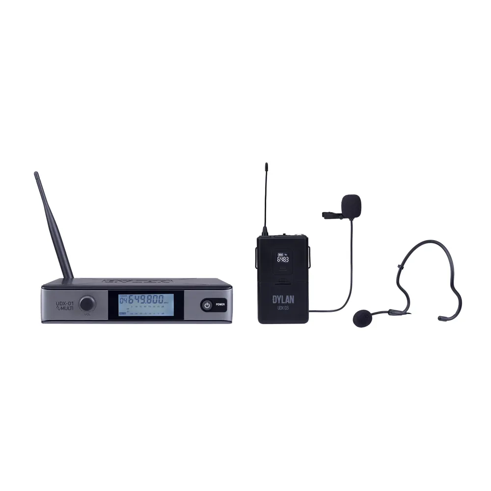 [26301] Microfone Sem Fio Dylan UDX-03 MULTI Duplo Auricular Lapela UHF 