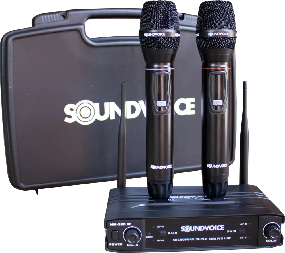 Microfone Sem Fio SoundVoice MM-320 SF Duplo Mao UHF Bateria Recarregavel